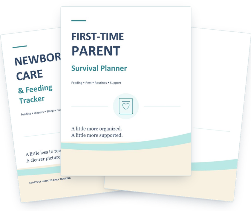 Covers of the First-Time Parent Survival Planner, Newborn Care & Feeding Tracker and Baby Medical & Pediatric Appointment Journal